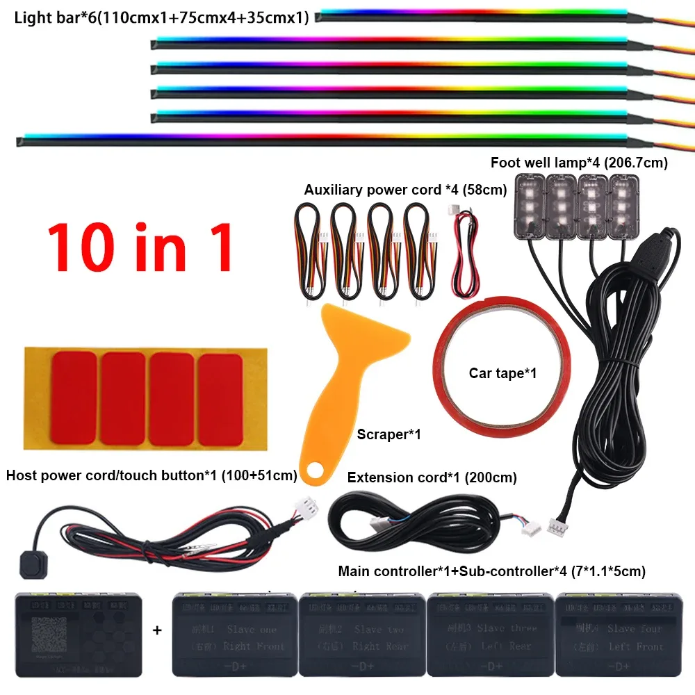 Kit d'éclairage d'ambiance LED RGB 18-en-1 pour voiture - Bandes acryliques 64 couleurs et double zone slide 10