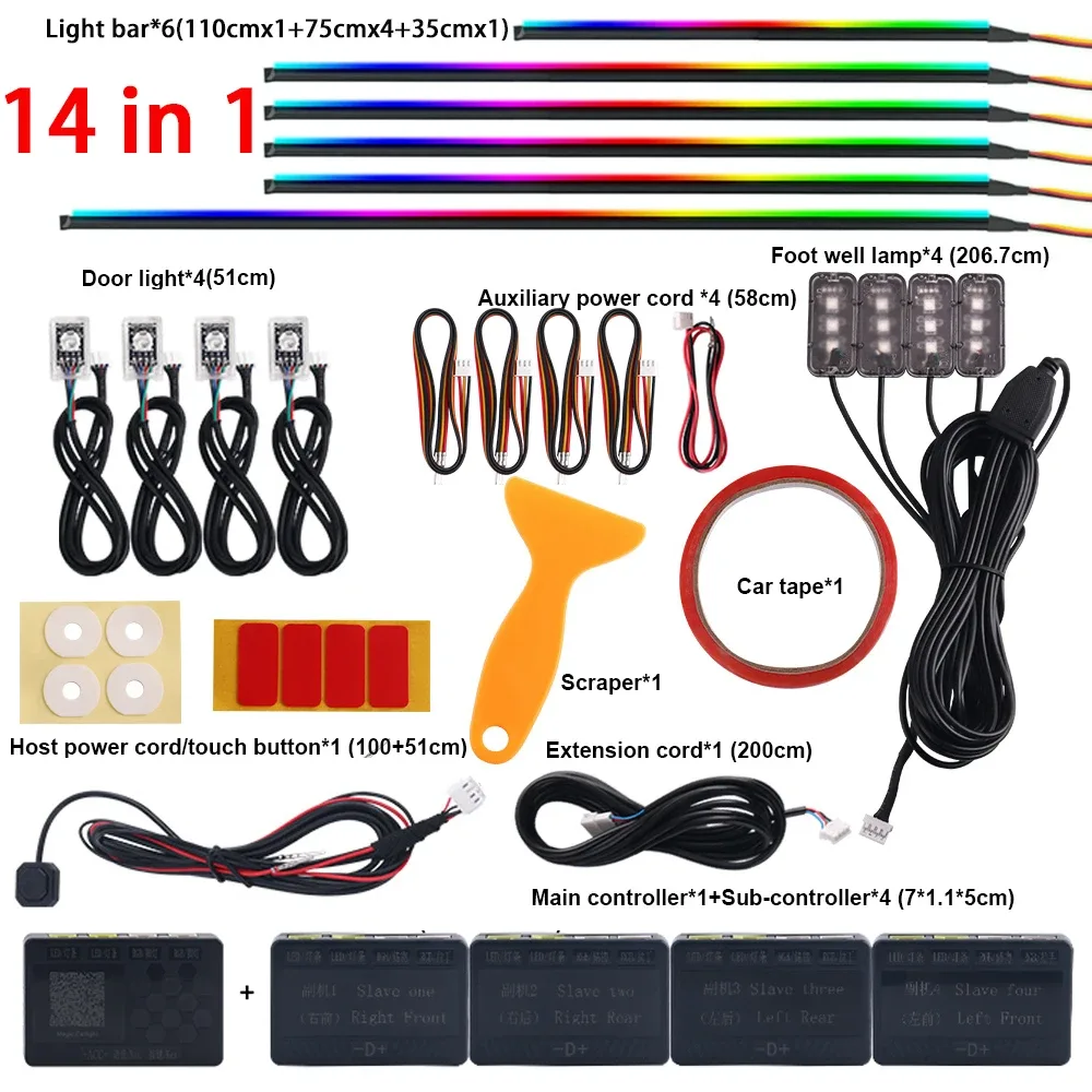 Kit d'éclairage d'ambiance LED RGB 18-en-1 pour voiture - Bandes acryliques 64 couleurs et double zone slide 9