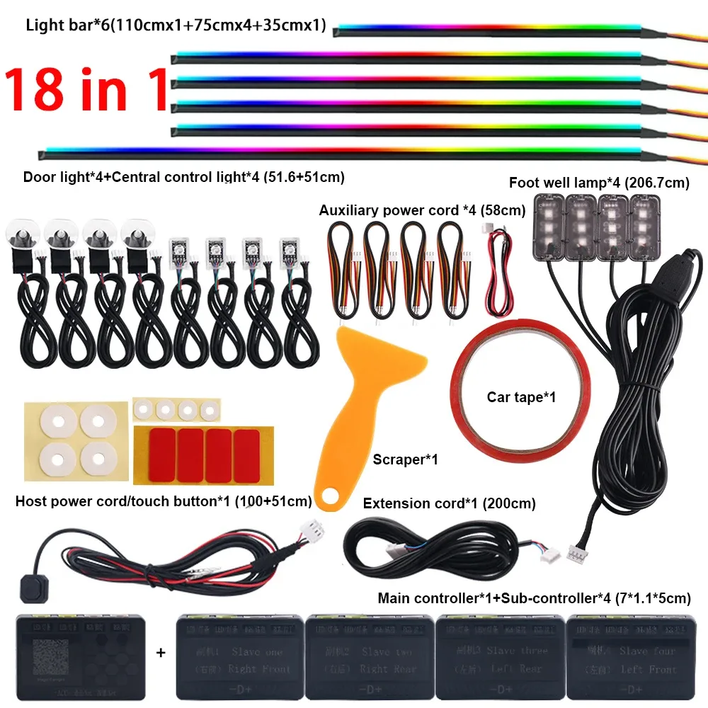 Kit d'éclairage d'ambiance LED RGB 18-en-1 pour voiture - Bandes acryliques 64 couleurs et double zone slide 8