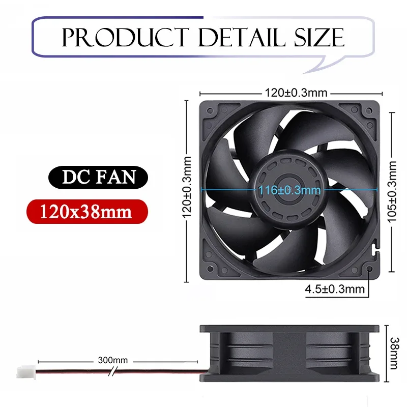 Ventilateur de refroidissement Gsie Time 12V DC, 120x38mm, Roulement à billes, Sans balais, 4500 tr/min, 2 broches - Image 5