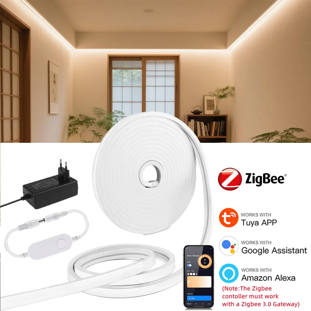 Ruban LED Néon Connecté Tuya Zigbee 24V - Étanche et Dimmable (1m-10m)