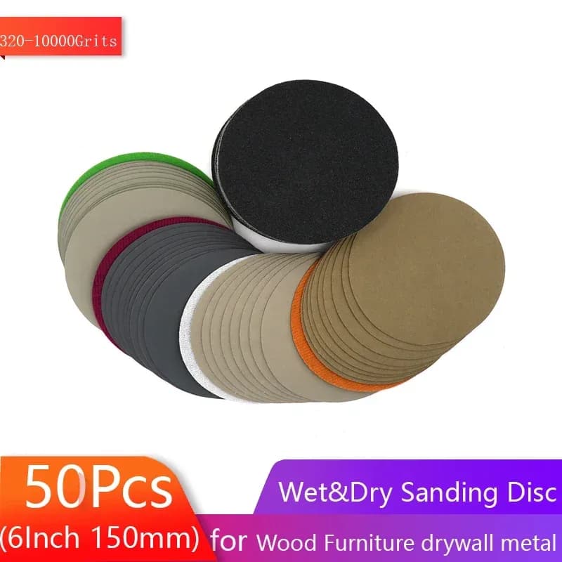 Lot de 50 disques abrasifs auto-agrippants 150 mm, grains 320 à 10 000, pour ponçage à sec ou à l'eau - Image 1