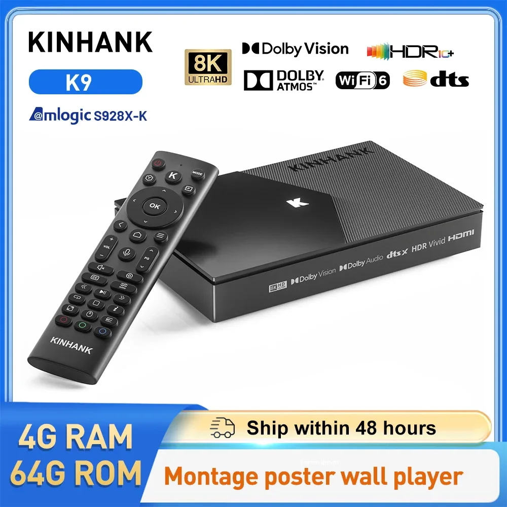 Boîtier TV Android 8K KINHANK K9 - Amlogic S928X-K, 4 Go / 64 Go, Dolby Vision & Atmos, HDR10+, WiFi 6, Lecteur Multimédia ISO BDMV