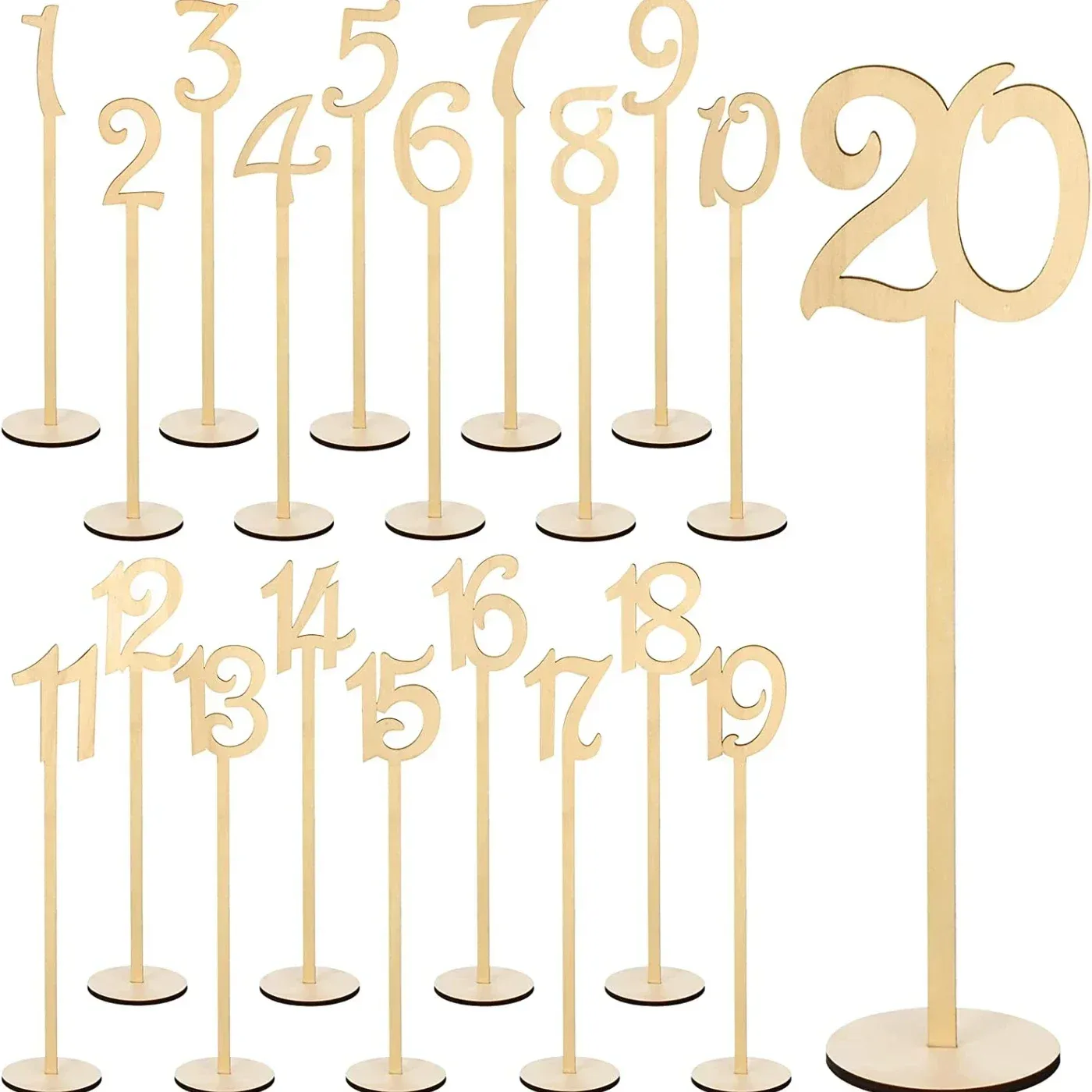 Numéros de table en bois 1 à 20 avec supports pour mariage et événements
