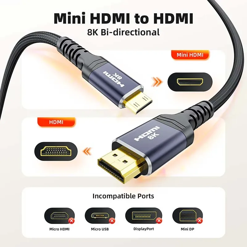 Câble Mini HDMI vers HDMI 2.1 Bidirectionnel - 8K@60Hz / 4K@120Hz - Nylon Tressé - Image 4