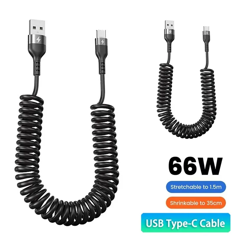 Câble de charge rapide USB-C vers USB-C spiralé 66W pour voiture