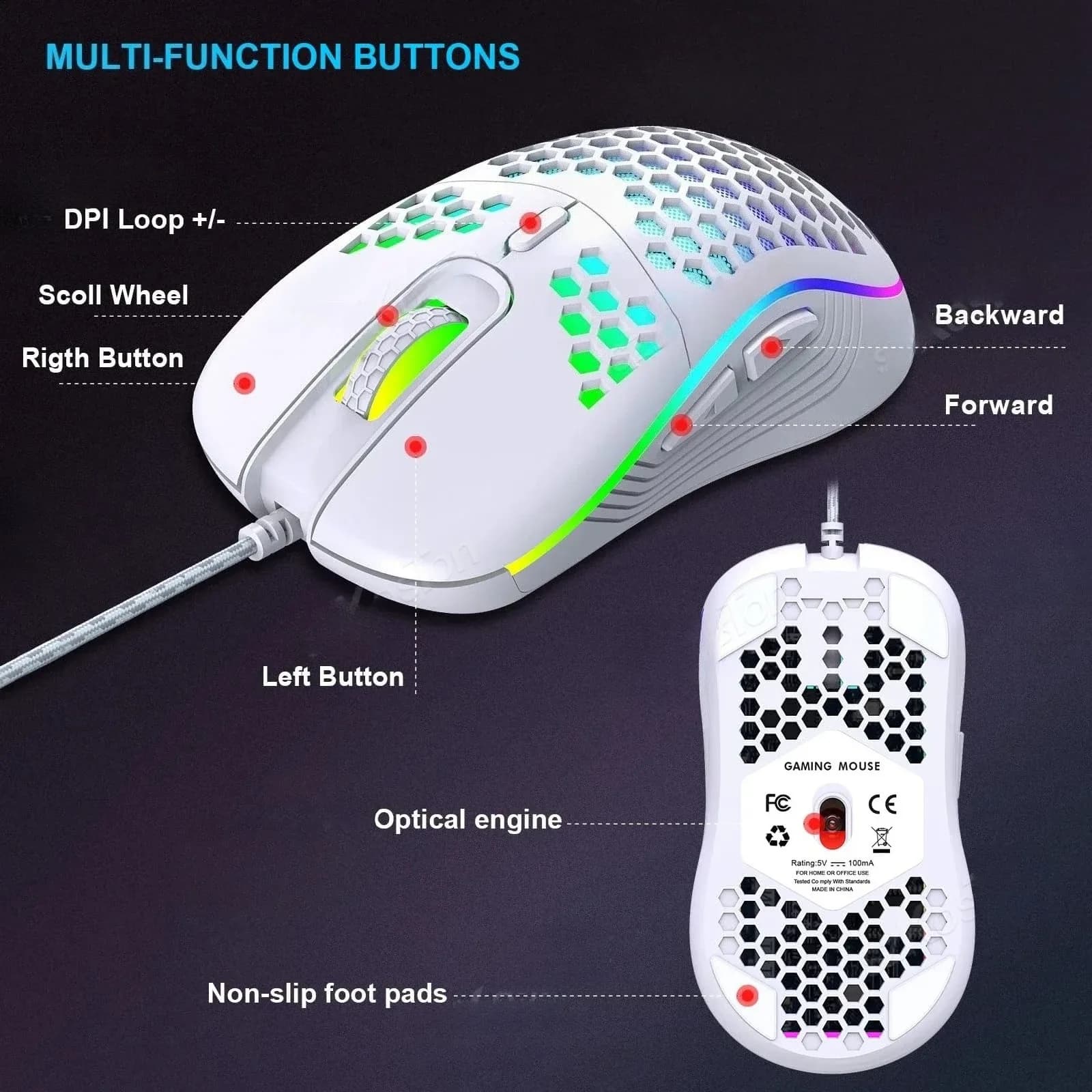 Souris Gaming Sans Fil (2,4 GHz) et Filaire - Rechargeable USB-C - Design Nid d'Abeille - RGB - Image 5