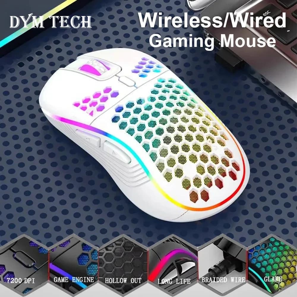 Souris Gaming Sans Fil (2,4 GHz) et Filaire - Rechargeable USB-C - Design Nid d'Abeille - RGB - Image 1