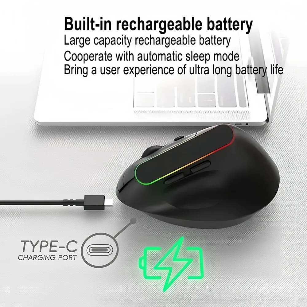 Souris verticale ergonomique rechargeable double mode (2.4G + Bluetooth) avec éclairage RVB - Image 4