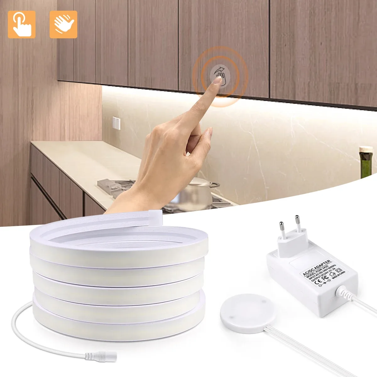 Ruban LED COB 24V pour éclairage sous meuble avec interrupteur tactile invisible