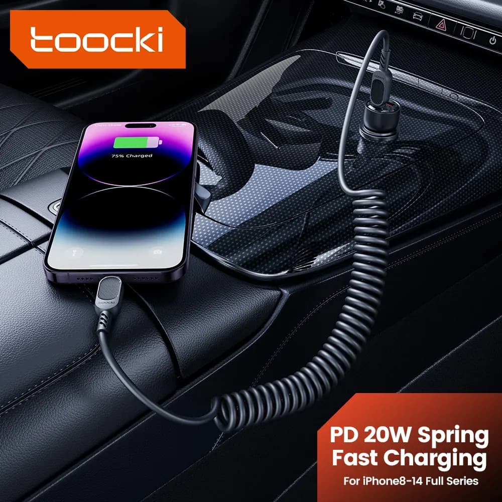 Toocki - Câble Lightning rétractable à ressort pour voiture - Charge rapide - Image 1