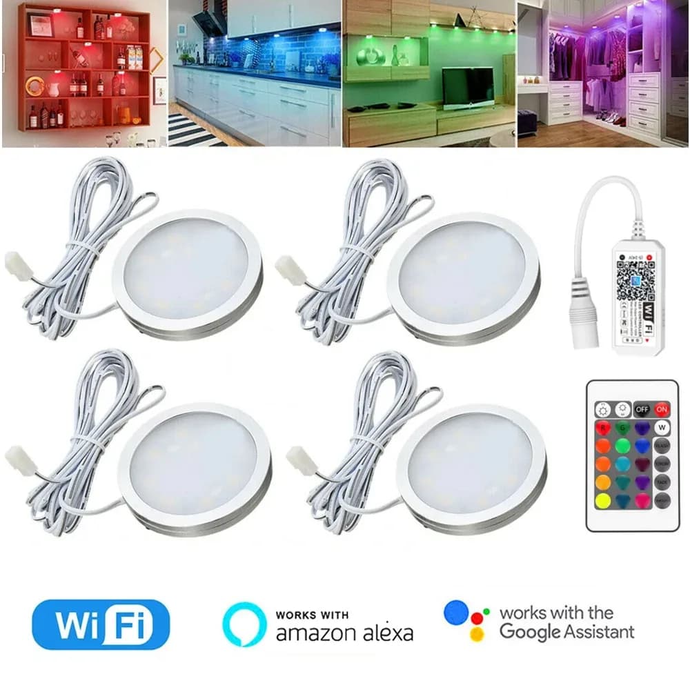 Lot de 4/6 Spots LED RGB WiFi Ronds pour Sous-Meuble et Vitrine, Kit avec Application et Télécommande - Image 1