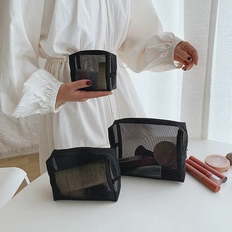 Trousse de maquillage en maille noire transparente, organisateur de toilette de voyage