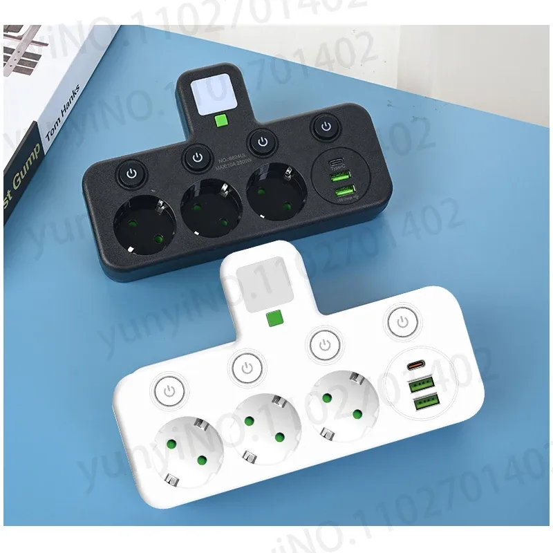 Multiprise murale 6-en-1 avec 3 prises AC, 2 ports USB et 1 port USB-C slide 6