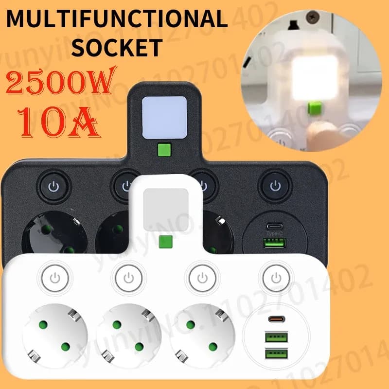 Multiprise murale 6-en-1 avec 3 prises AC, 2 ports USB et 1 port USB-C