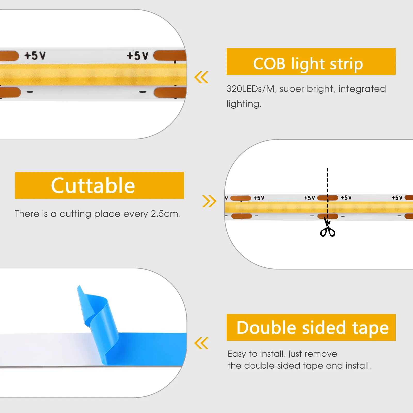 Kit Ruban LED COB USB 5V avec Variateur Tactile Invisible pour Cuisine et Placard - Image 4