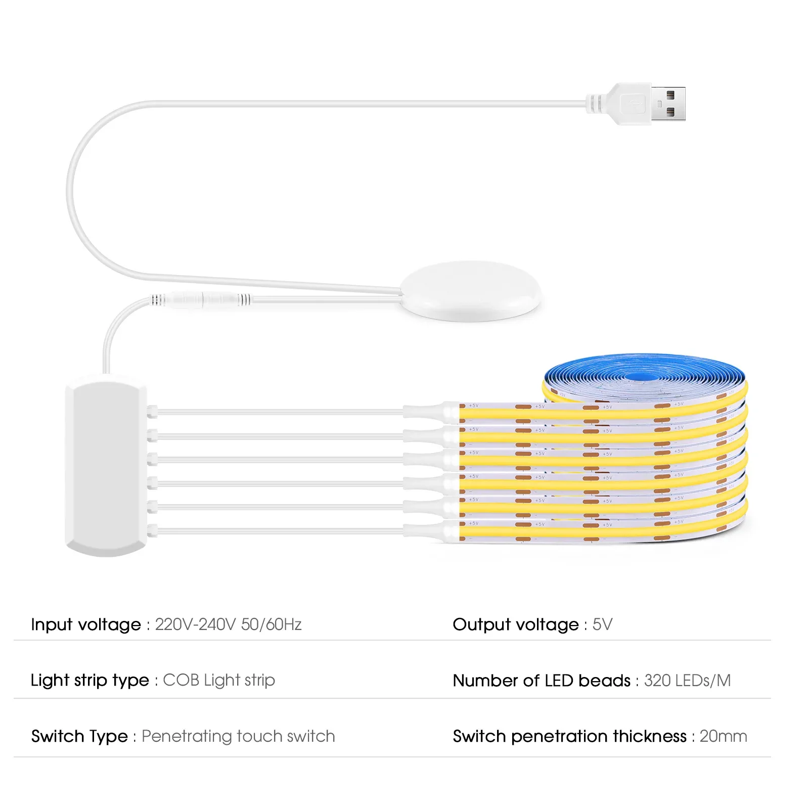 Kit Ruban LED COB USB 5V avec Variateur Tactile Invisible pour Cuisine et Placard - Image 3