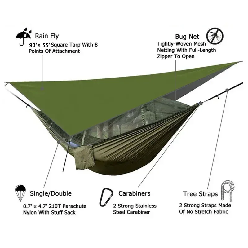Hamac de camping avec moustiquaire, bâche de protection et sangles de fixation slide 6