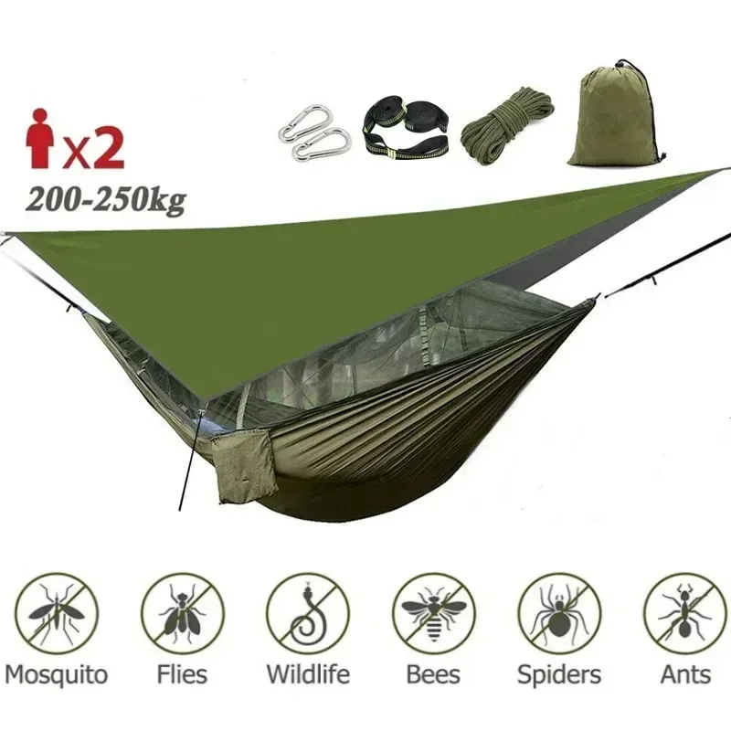 Hamac de camping avec moustiquaire, bâche de protection et sangles de fixation