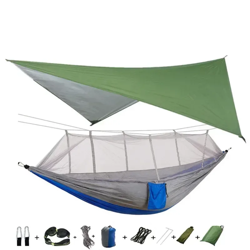 Hamac de camping avec moustiquaire, bâche de protection et sangles de fixation slide 30
