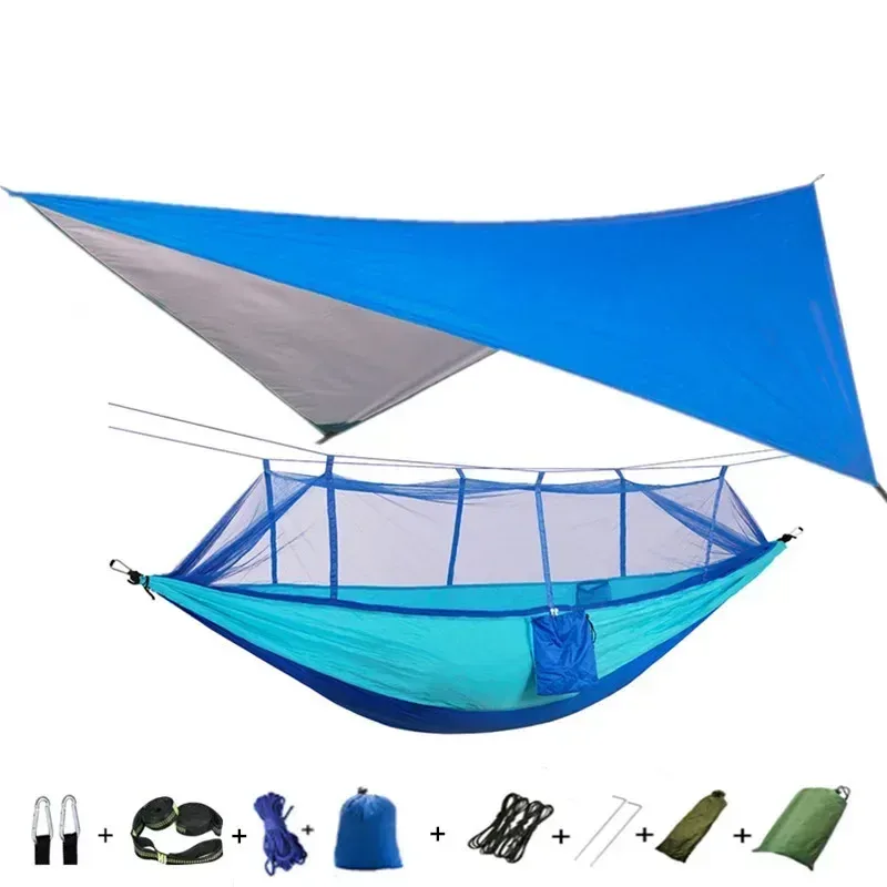 Hamac de camping avec moustiquaire, bâche de protection et sangles de fixation slide 20