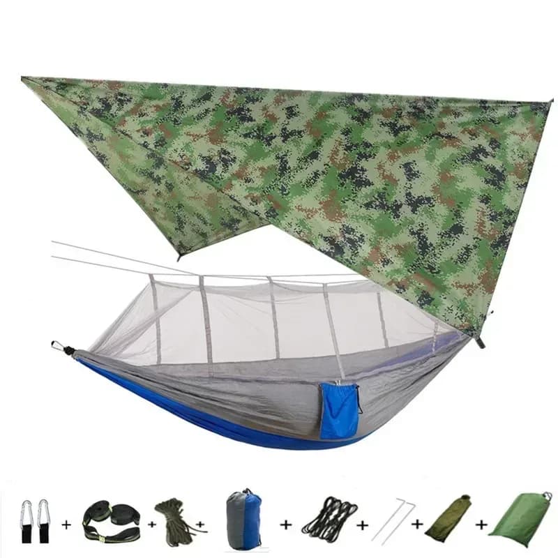 Hamac de camping avec moustiquaire, bâche de protection et sangles de fixation slide 17