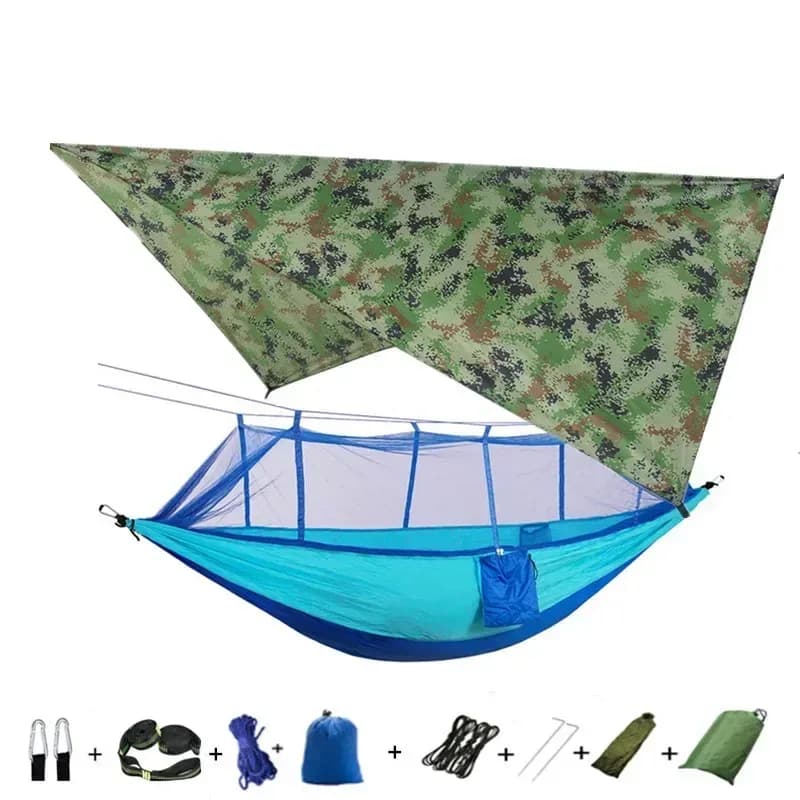 Hamac de camping avec moustiquaire, bâche de protection et sangles de fixation slide 14