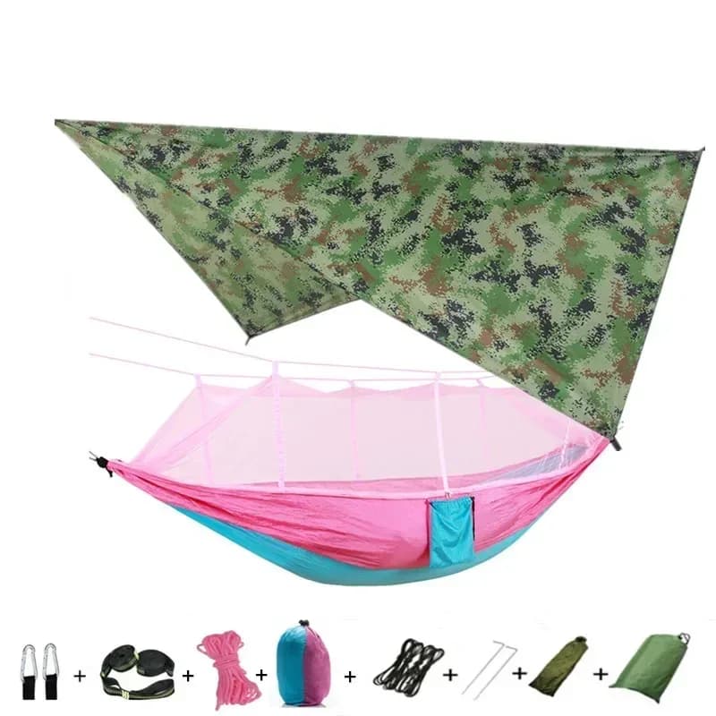 Hamac de camping avec moustiquaire, bâche de protection et sangles de fixation slide 15