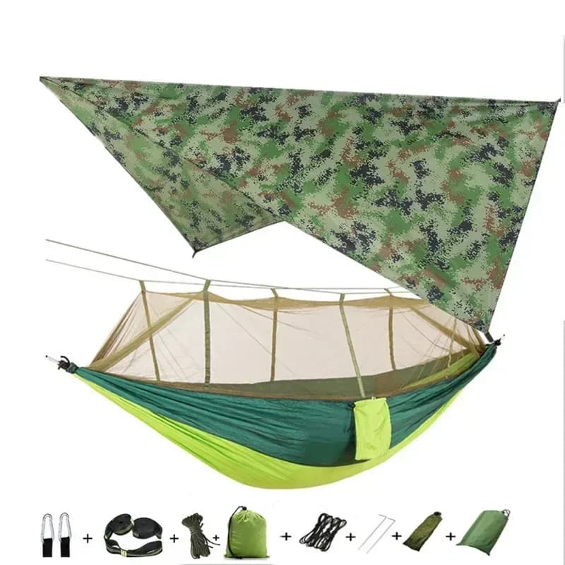Hamac de camping avec moustiquaire, bâche de protection et sangles de fixation slide 12