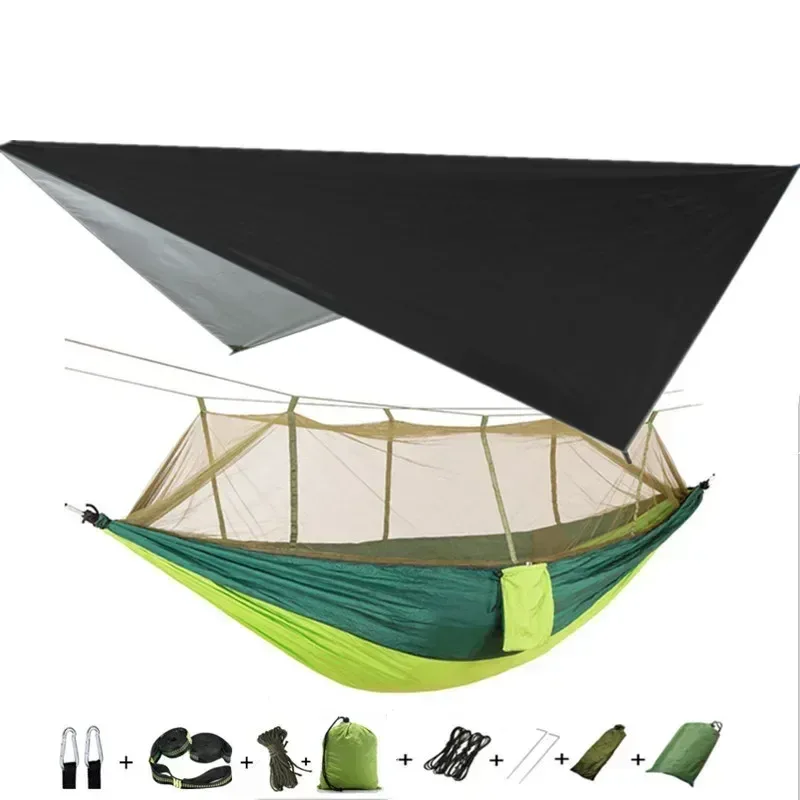 Hamac de camping avec moustiquaire, bâche de protection et sangles de fixation slide 7