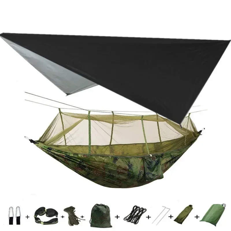Hamac de camping avec moustiquaire, bâche de protection et sangles de fixation slide 8