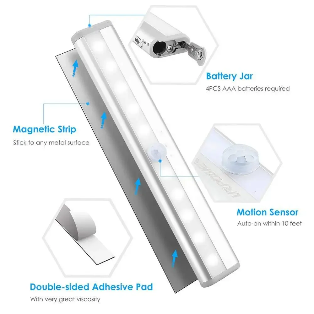 Lampe LED avec détecteur de mouvement pour placard et armoire - 10 LED - Blanc froid - Fonctionne sur piles - Image 4