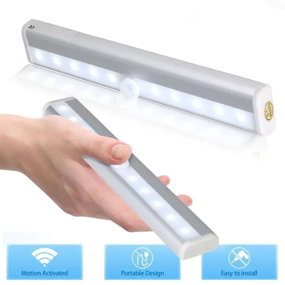 Lampe LED avec détecteur de mouvement pour placard et armoire - 10 LED - Blanc froid - Fonctionne sur piles - Image 1