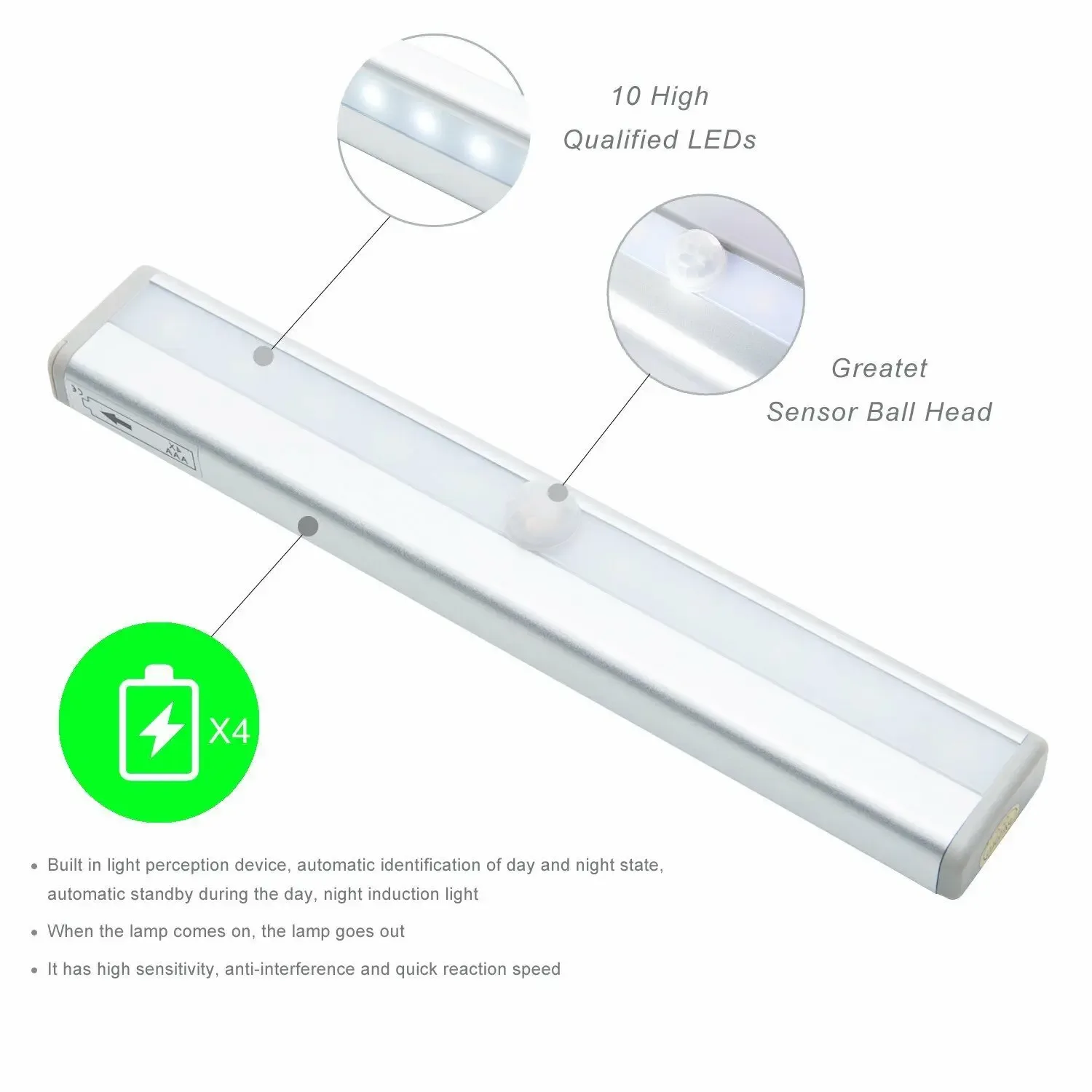 Lampe LED avec détecteur de mouvement pour placard et armoire - 10 LED - Blanc froid - Fonctionne sur piles - Image 2