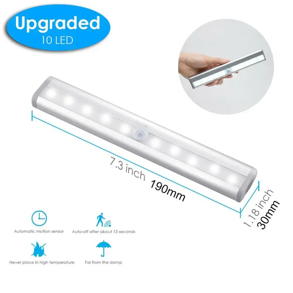 Lampe LED avec détecteur de mouvement pour placard et armoire - 10 LED - Blanc froid - Fonctionne sur piles - Image 3