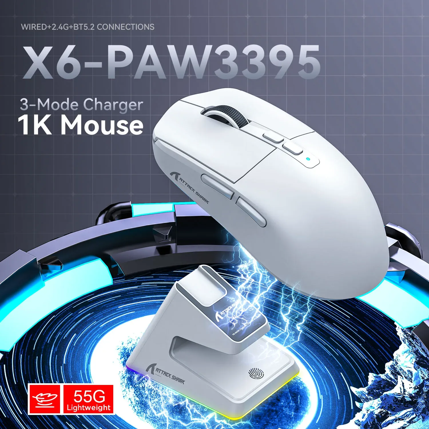 Souris Gamer X6 PAW3395 - Connexion Tri-mode avec Station de Charge Magnétique RGB slide 2
