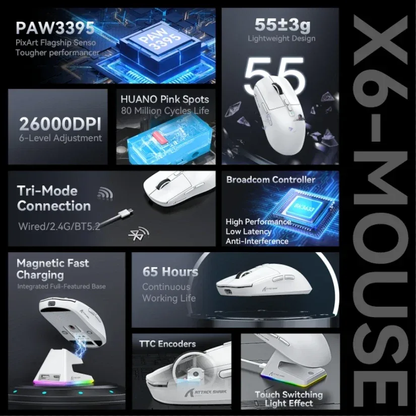 Souris Gamer X6 PAW3395 - Connexion Tri-mode avec Station de Charge Magnétique RGB slide 4