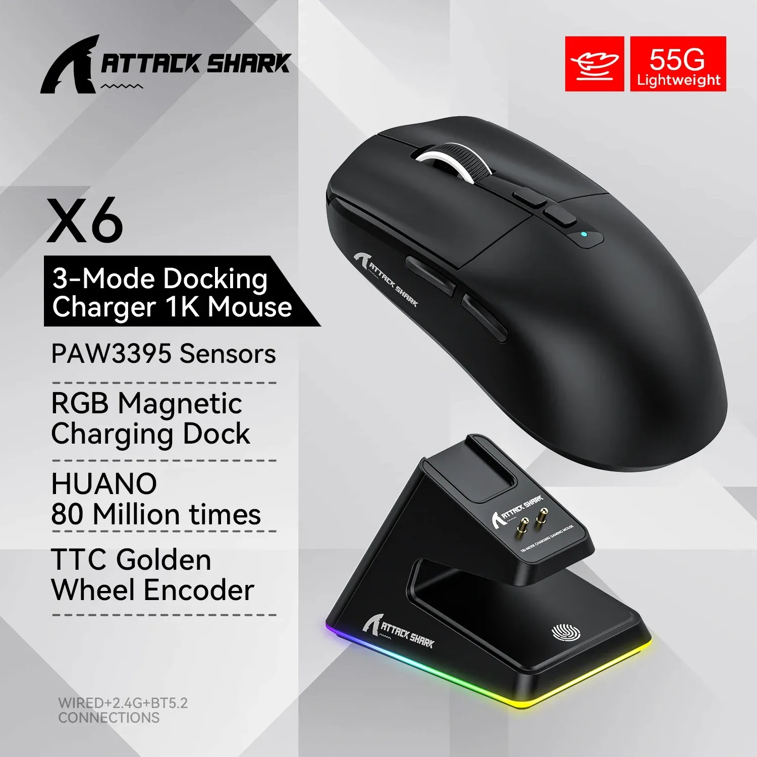 Souris Gamer X6 PAW3395 - Connexion Tri-mode avec Station de Charge Magnétique RGB slide 9