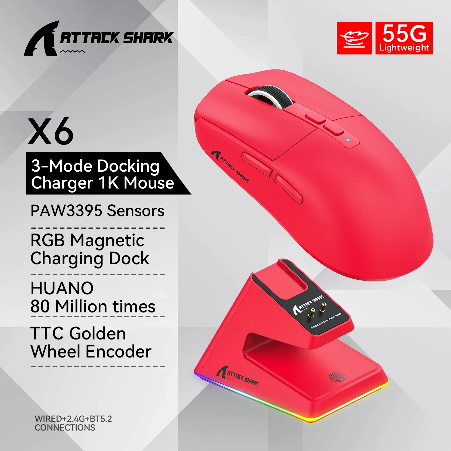Souris Gamer X6 PAW3395 - Connexion Tri-mode avec Station de Charge Magnétique RGB slide 7