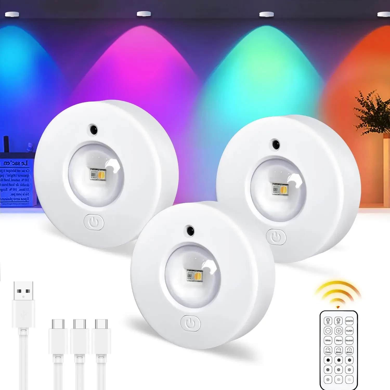 Spot LED Rechargeable Sans Fil RGB avec Télécommande pour Vitrine et Armoire - Image 1