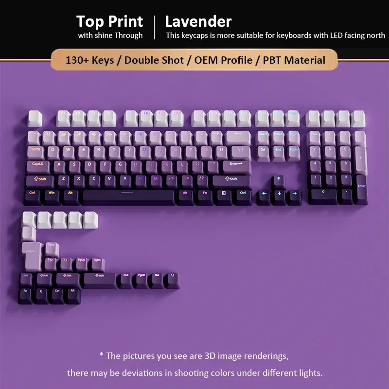 Set de 134 touches PBT Double-Shot - Violet Lavande - Profil OEM - Rétroéclairé slide 3