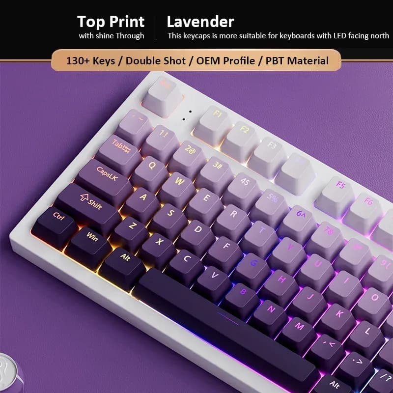 Set de 134 touches PBT Double-Shot - Violet Lavande - Profil OEM - Rétroéclairé
