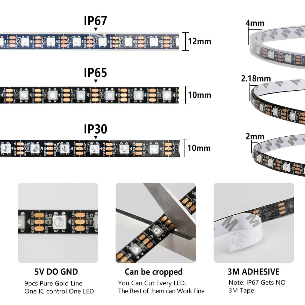 Ruban LED RGBIC Adressable WS2812B 5V USB - 30/60 LED/m - IP30/IP65/IP67 slide 4