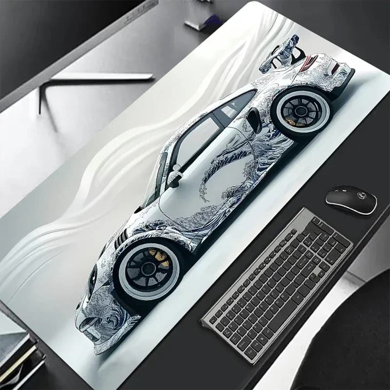Tapis de souris XXL blanc - Design voiture de sport - Base antidérapante