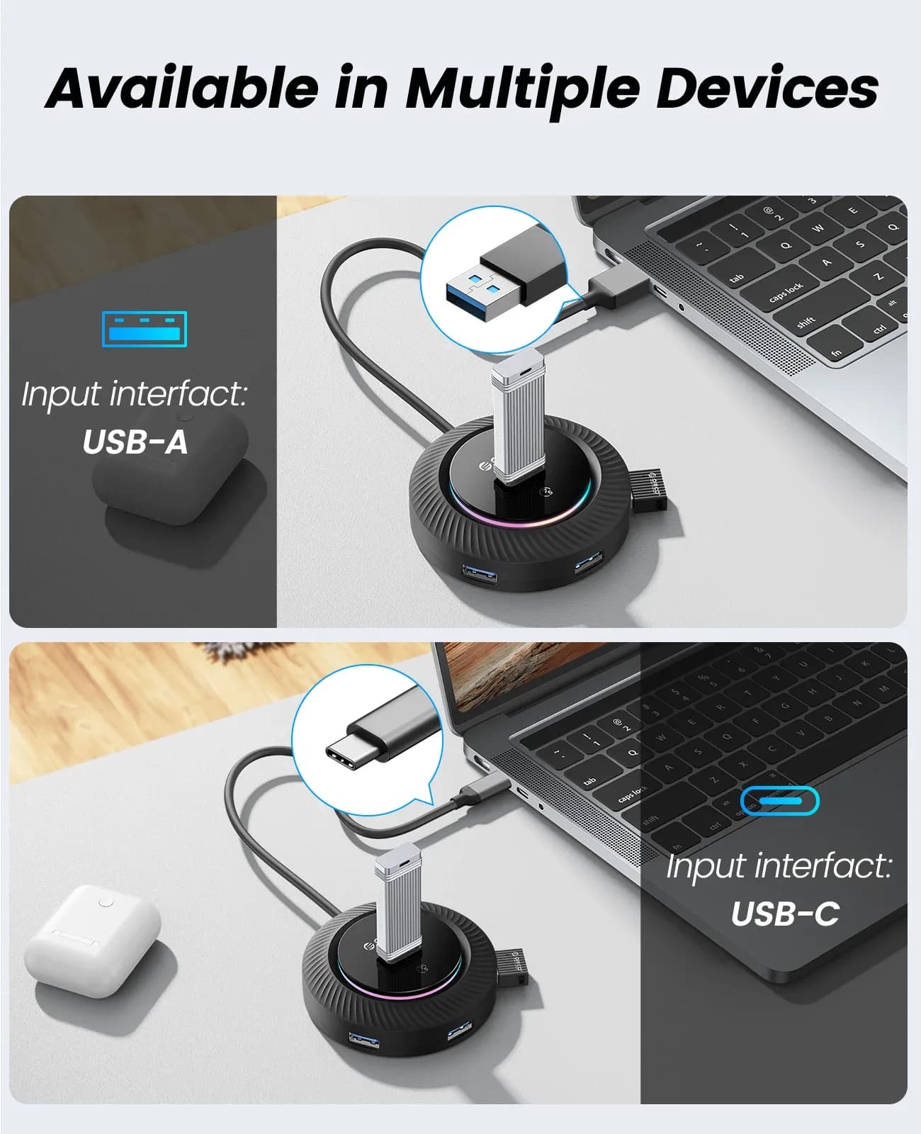 Hub USB 3.0 / Type-C ORICO avec éclairage RGB, port d'alimentation 5 Gbps et fonction OTG (30 cm) - Image 3