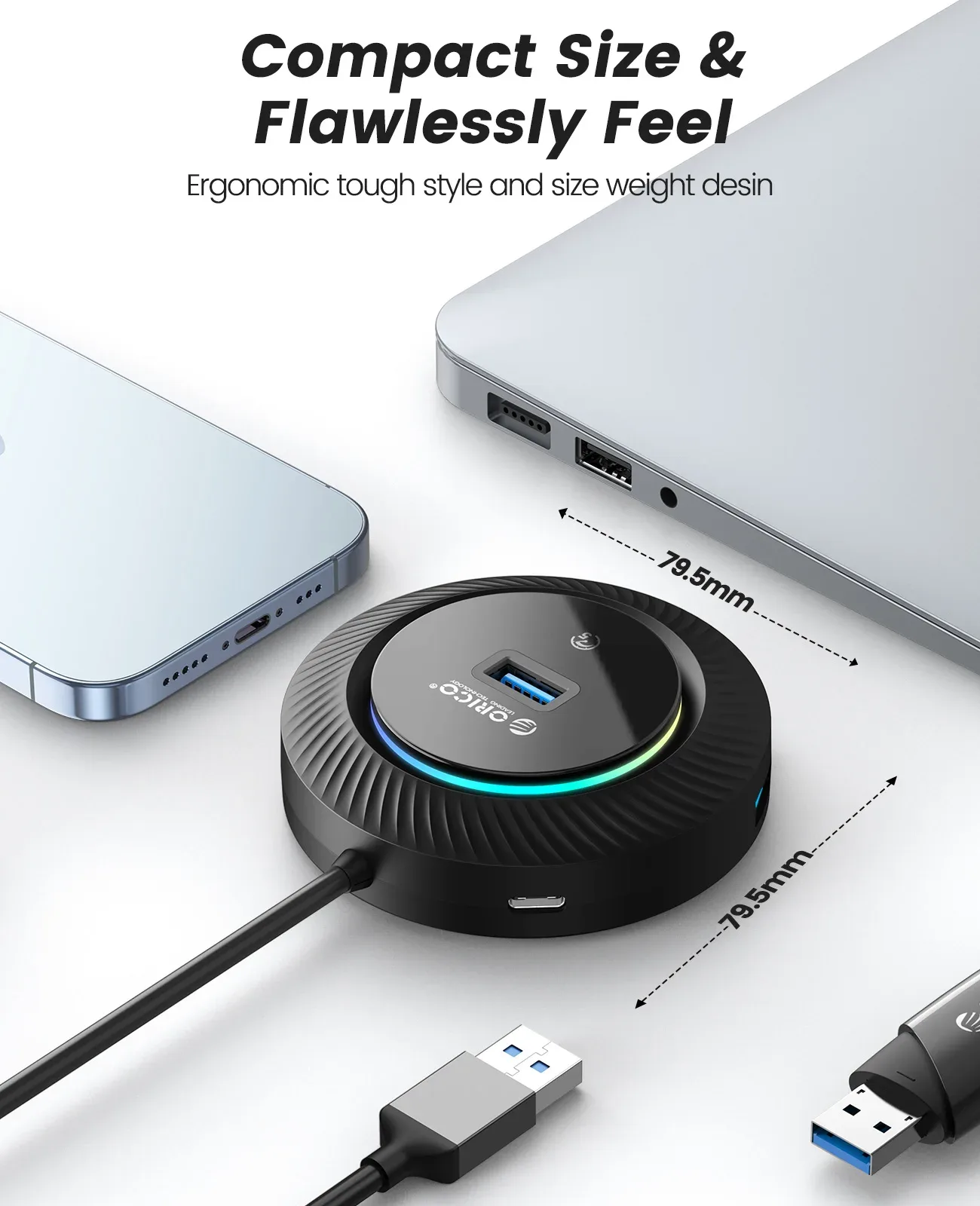 Hub USB 3.0 / Type-C ORICO avec éclairage RGB, port d'alimentation 5 Gbps et fonction OTG (30 cm) - Image 4