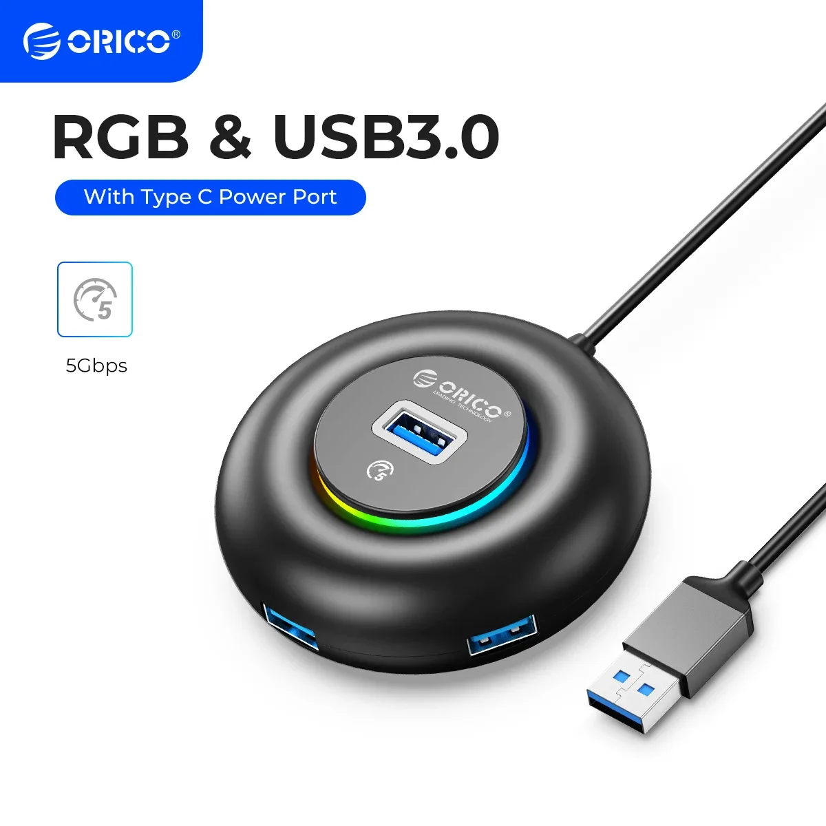 Hub USB 3.0 / Type-C ORICO avec éclairage RGB, port d'alimentation 5 Gbps et fonction OTG (30 cm) - Image 1