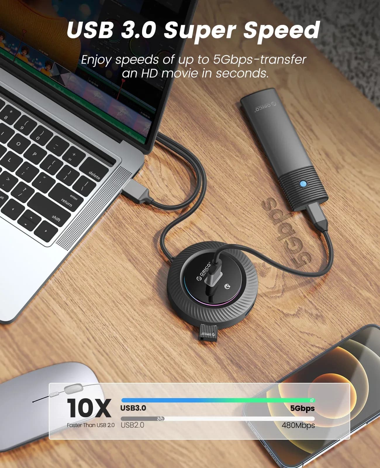 Hub USB 3.0 / Type-C ORICO avec éclairage RGB, port d'alimentation 5 Gbps et fonction OTG (30 cm) - Image 2