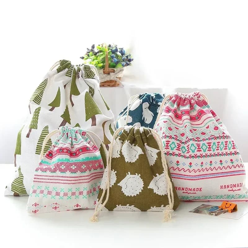 Petit sac de rangement en coton et chanvre à cordon de serrage - Image 1