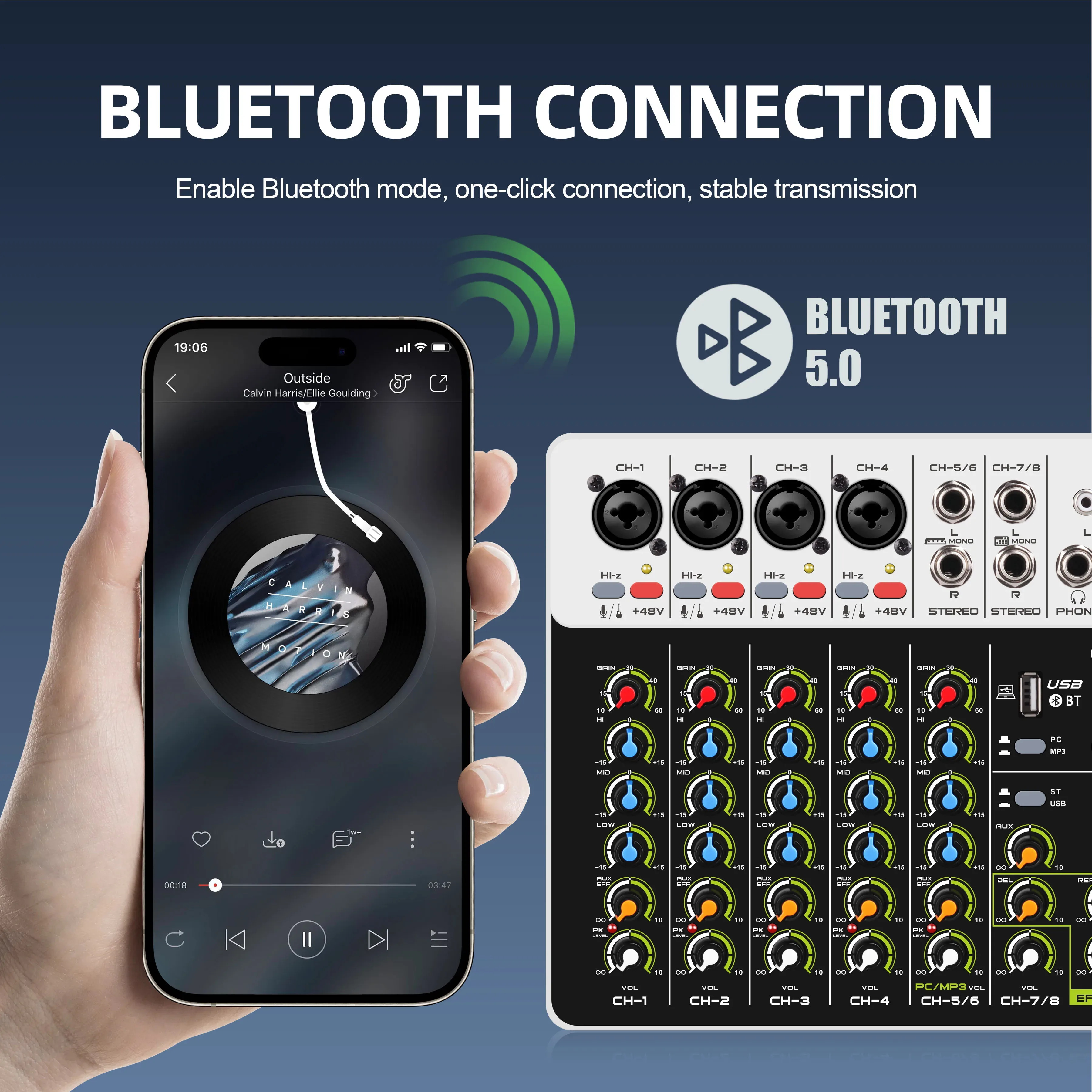 Table de mixage audio 4/8 canaux, Contrôleur DJ avec Bluetooth, Alimentation Fantôme et Effets pour Enregistrement PC - Image 5